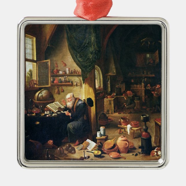 An Alchemist in his Workshop Metal Ornament (Front)