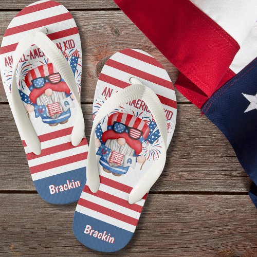 An All_American Kid Gnome Personalized  Kids Flip Flops