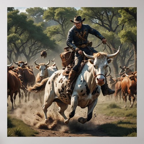 An american cowboy riding bull poster