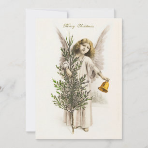 An angel holding a Christmas bell Vintage Holiday Card