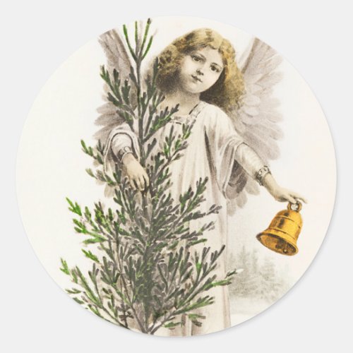 An angel holding a Christmas bell Vintage Holiday Classic Round Sticker
