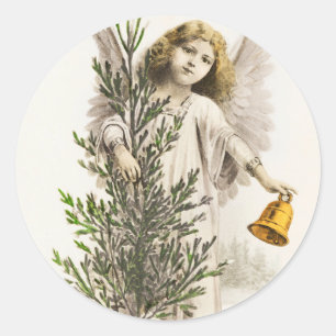 An angel holding a Christmas bell Vintage Holiday Classic Round Sticker