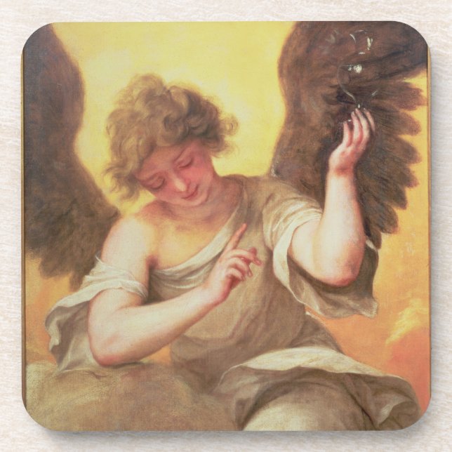 An Angel holding a Glass Flask Coaster (Front)