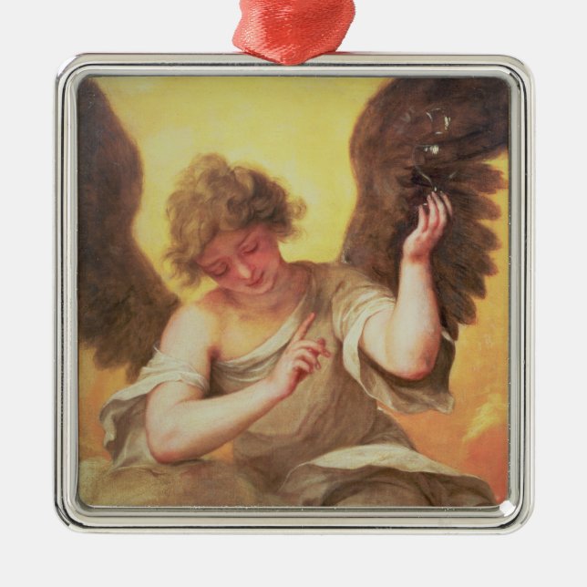 An Angel holding a Glass Flask Metal Ornament (Front)