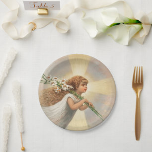 An angel in the sky holding lilies christmas pape paper plates