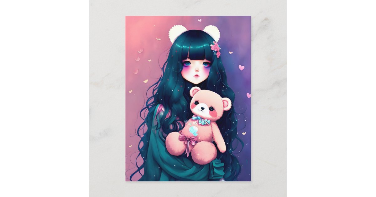 anime girl holding teddy bear