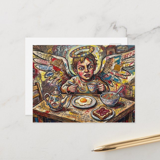 An anxious angel at breakfast postcard (Front/Back In Situ)