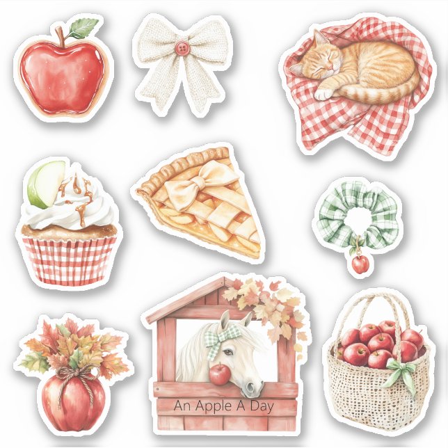 An Apple A Day White Horse Cat Sticker (Front)