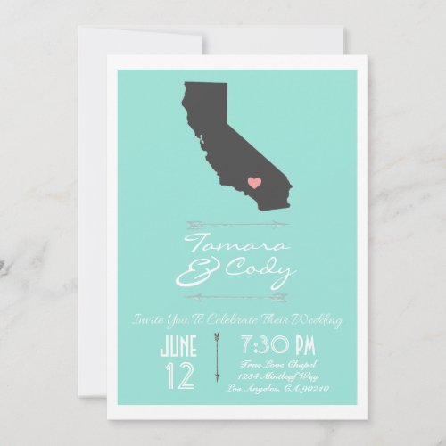 An Aqua Colored California Wedding Invitation