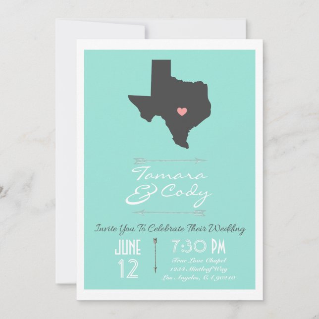 An Aqua Colored Texas Wedding Invitation (Front)