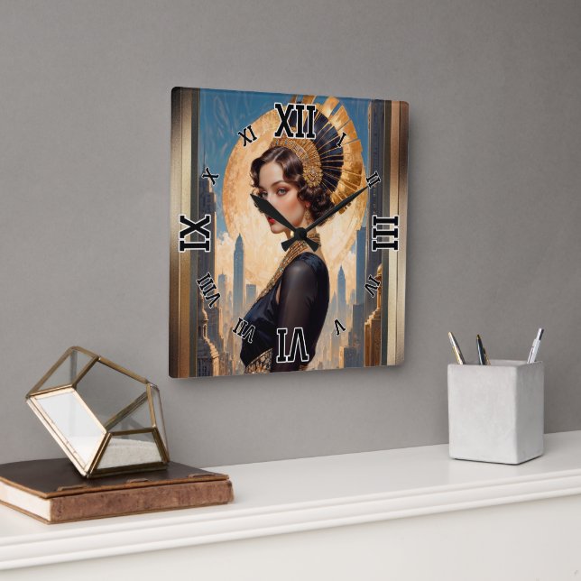 An Art Deco Beauty By A Golden Disc by Xzendor7 Square Wall Clock (Office)