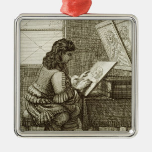 An artist copying onto an engraving plate, printed metal ornament