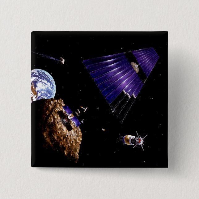 An asteroid mining mission pinback button (Front)