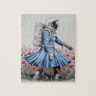  an astronaut in a blue dress walking in poppies