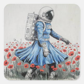  an astronaut in a blue dress walking in poppies square sticker