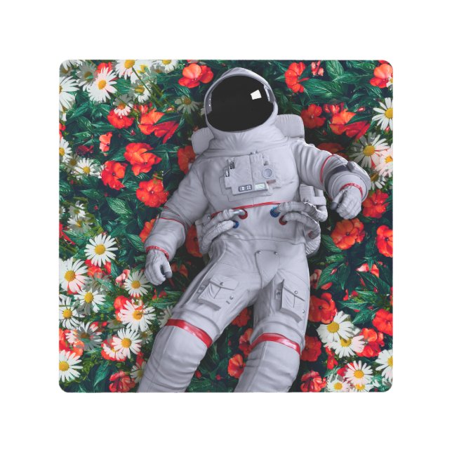 An astronaut in the Flowers  Metal Print (Front)