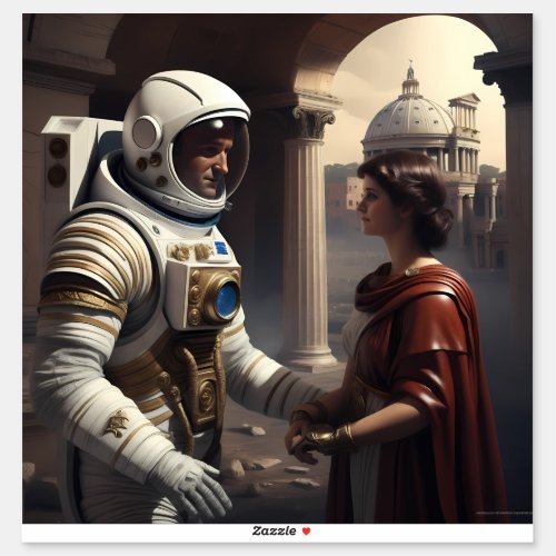 An astronaut meets a beautiful girl in ancient tim sticker