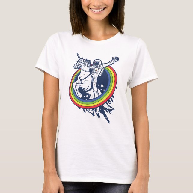 An astronaut riding a uncorn through a rainbow T-Shirt (Front)