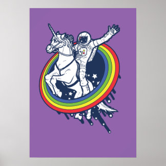 An astronaut riding a unicorn through a rainbow poster