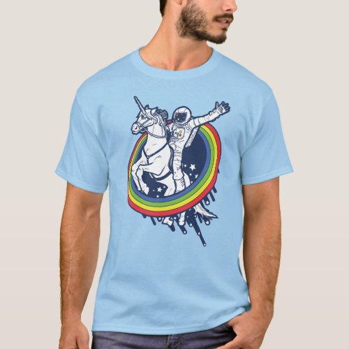 An astronaut riding a unicorn through a rainbow T_Shirt
