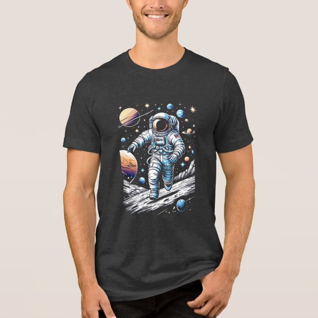 An astronaut running on the moon Tri-Blend shirt (Front)