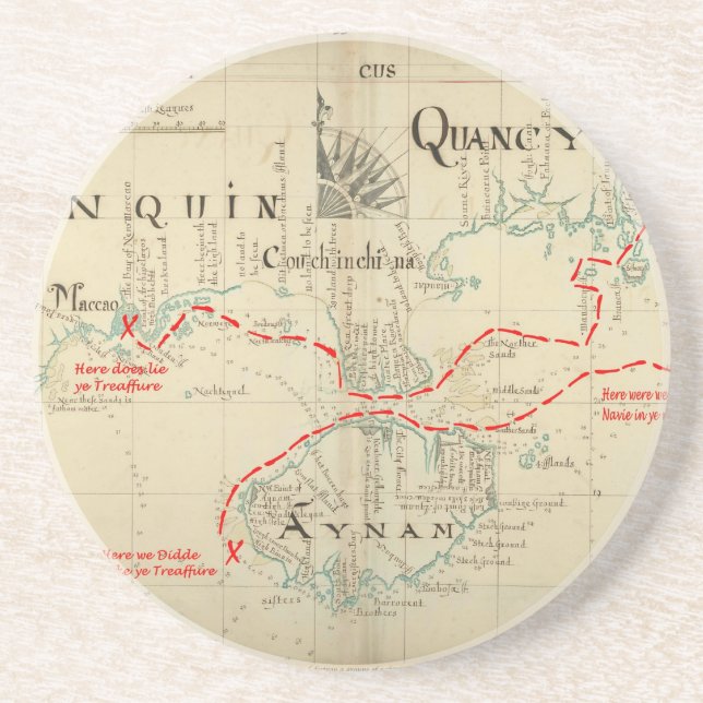 An Authentic 1690 Pirate Map (with embellishments) Drink Coaster (Front)