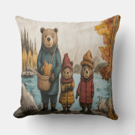An Autumn Day With The Bear Family By The Lake Throw Pillow