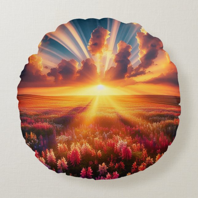 An awe-inspiring sunset over a vast field of bloom round pillow (Front)