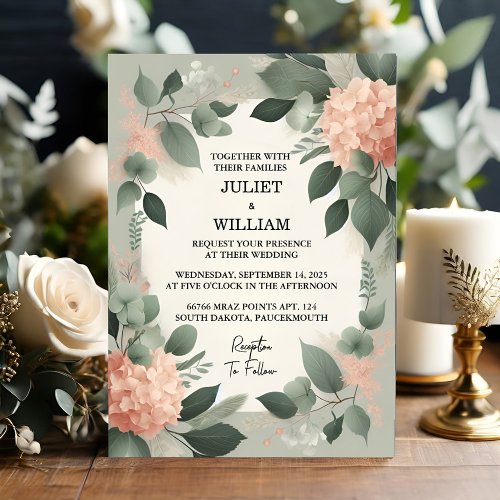 An Blush pastel Peach Mint Moss Sage Green Wedding Invitation