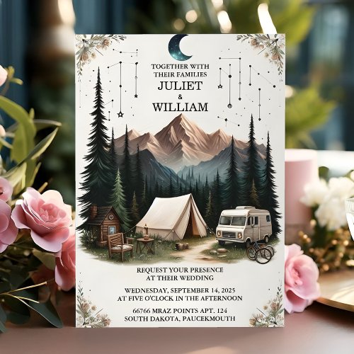 An Cabin Forest Wood Sky Tree Fire Camping Wedding Invitation