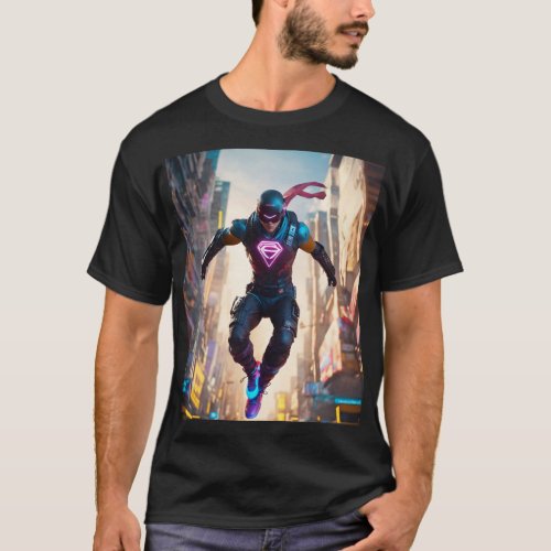 An cyberpunk superhero jumping over the world T_Shirt