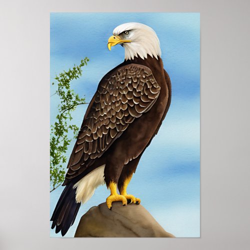 An eagle perched on a branch watercolor art poster
