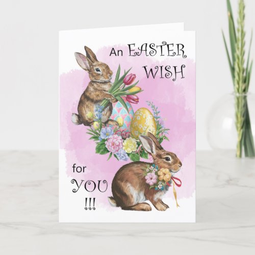 An Easter Wish _ Rabbits Eggs  Flowers Holiday Thank You Card