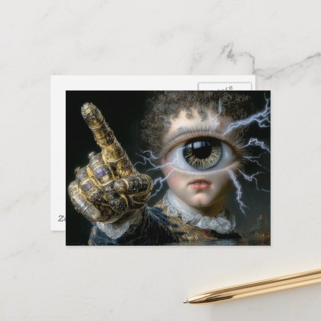 An electrifying one eyed person pointing a finger postcard (Front/Back In Situ)
