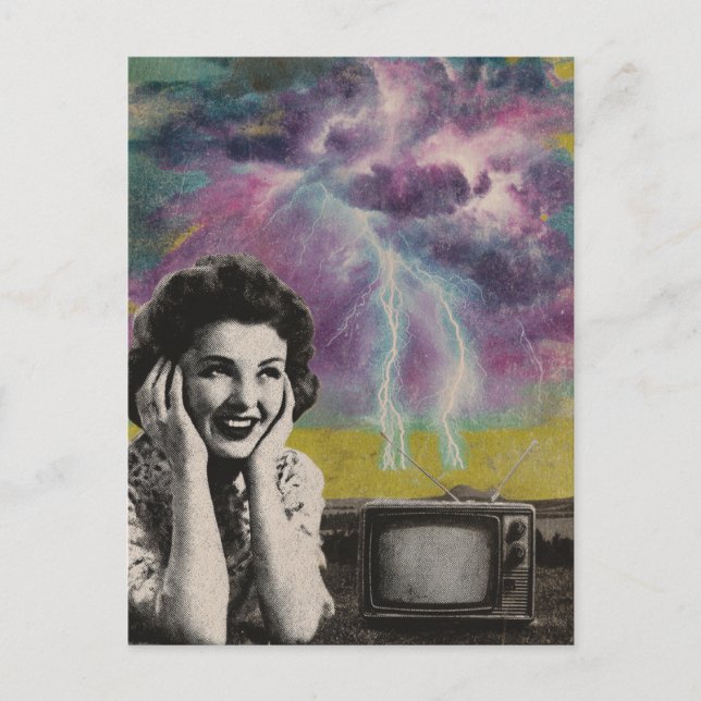 An electrifying retro style collage of a woman postcard (Front)