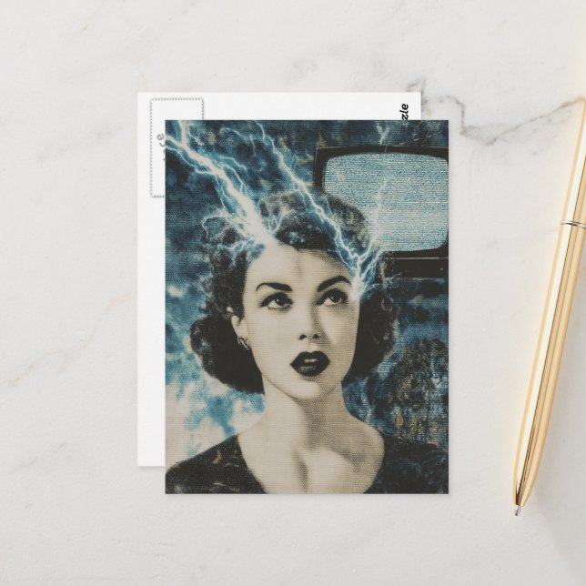 An electrifying retro style collage of a woman postcard (Front/Back In Situ)