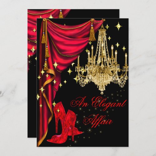 An Elegant Affair Red Gold Chandelier Birthday Invitation