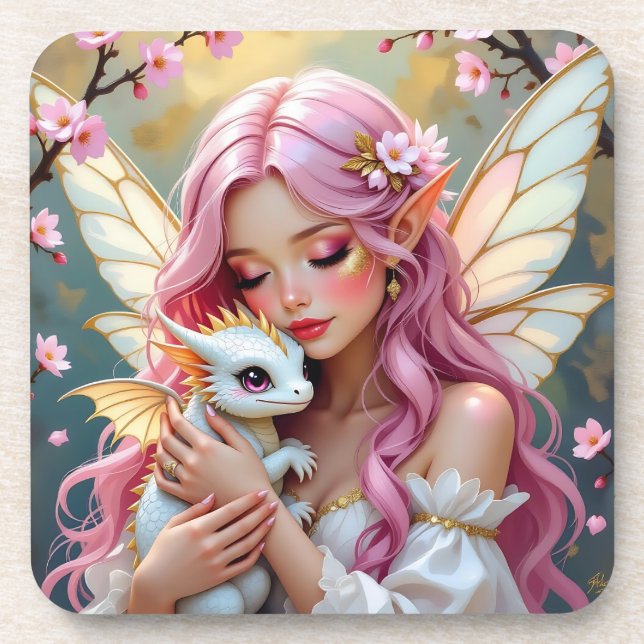 An Elegant Fairy and her Baby Dragon Personalized Beverage Coaster (Front)