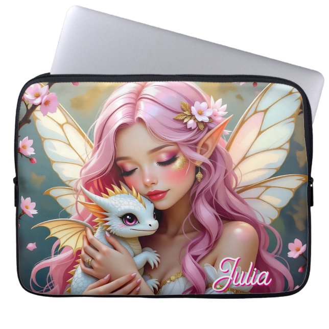 An Elegant Fairy and her Baby Dragon Personalized Laptop Sleeve (Front)