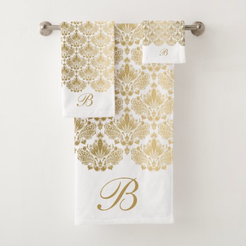 An elegant gold white floral damasks pattern bath towel set