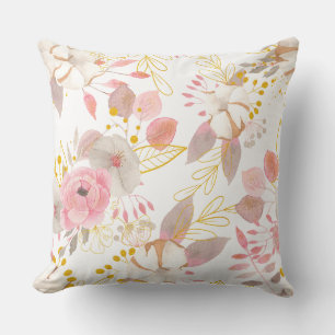 An elegant pink, gold and gray floral design throw pillow