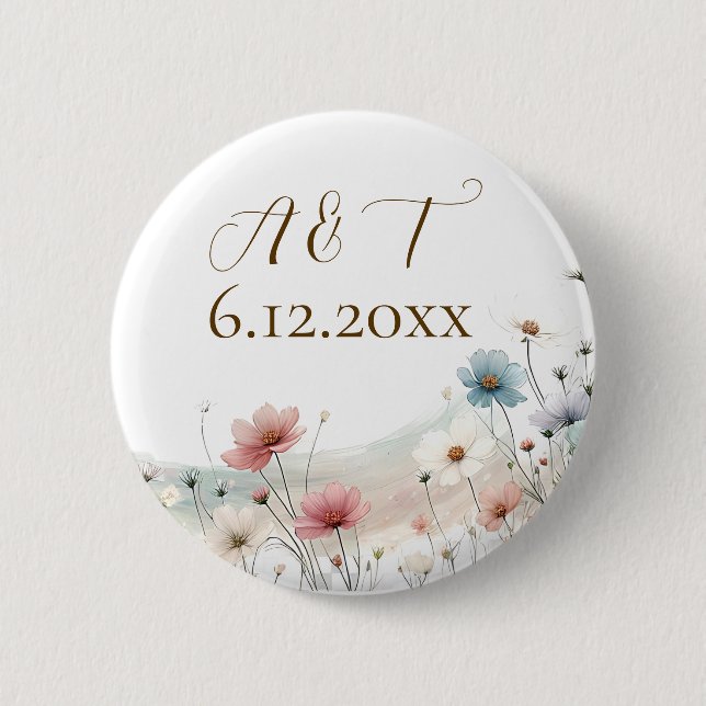 An Elegant Watercolor Wildflowers Wedding Date Button (Front)