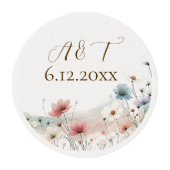 An Elegant Watercolor Wildflowers Wedding Date Edible Frosting Rounds (Front)