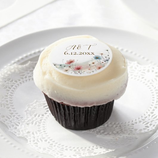 An Elegant Watercolor Wildflowers Wedding Date Edible Frosting Rounds (Cupcake)