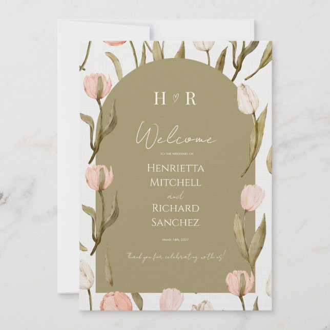 An elegant wedding invitation in olive green (Front)