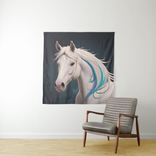 An elegant white horse tapestry