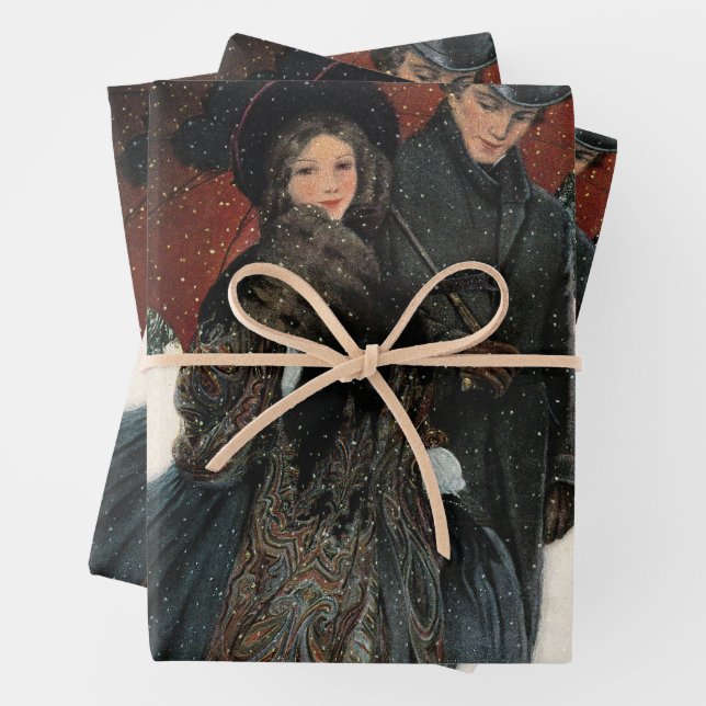 An elegantly dressed couple,Umbrella,Snow Old Time Wrapping Paper Sheets (In situ)