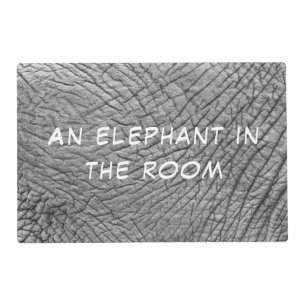An elephant in the room skin photo with white text placemat