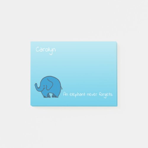 An elephant never forgets on blue personalized post_it notes