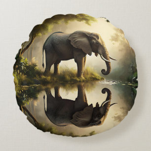 An Elephant's Reflection Round Pillow
